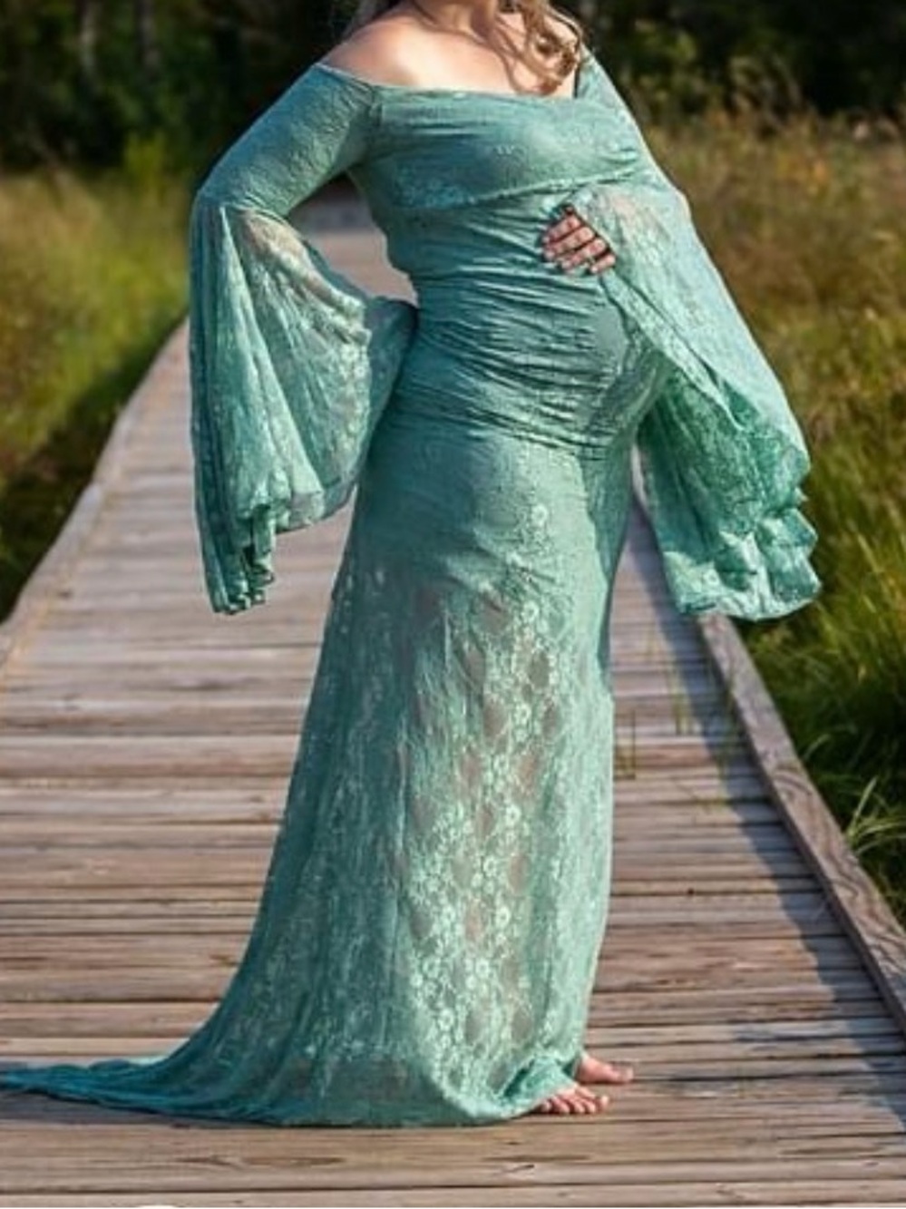 Off-Shoulder Mint Lace Maternity Dress with Bell Sleeves